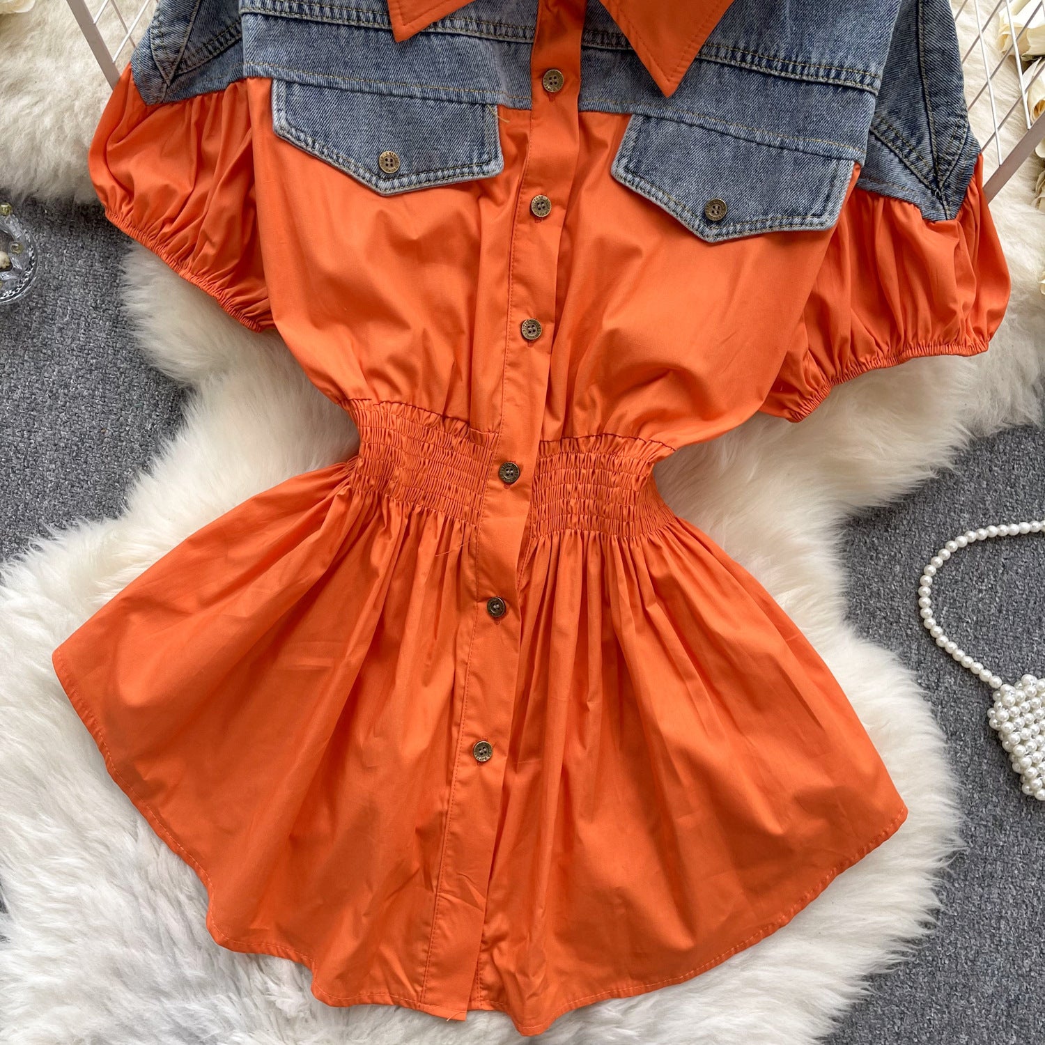 Women Contrast Patchwork Puff Sleeve Stretch Shirt 23