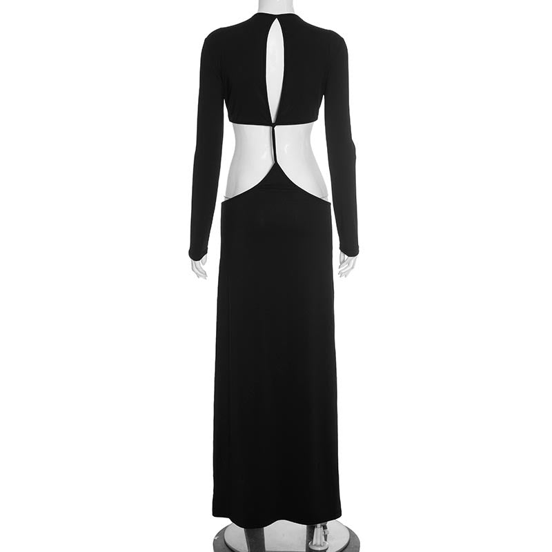 Women's Sexy Hollow Out Round Neck Long Sleeve Open Waist Slim Maxi Dress 5