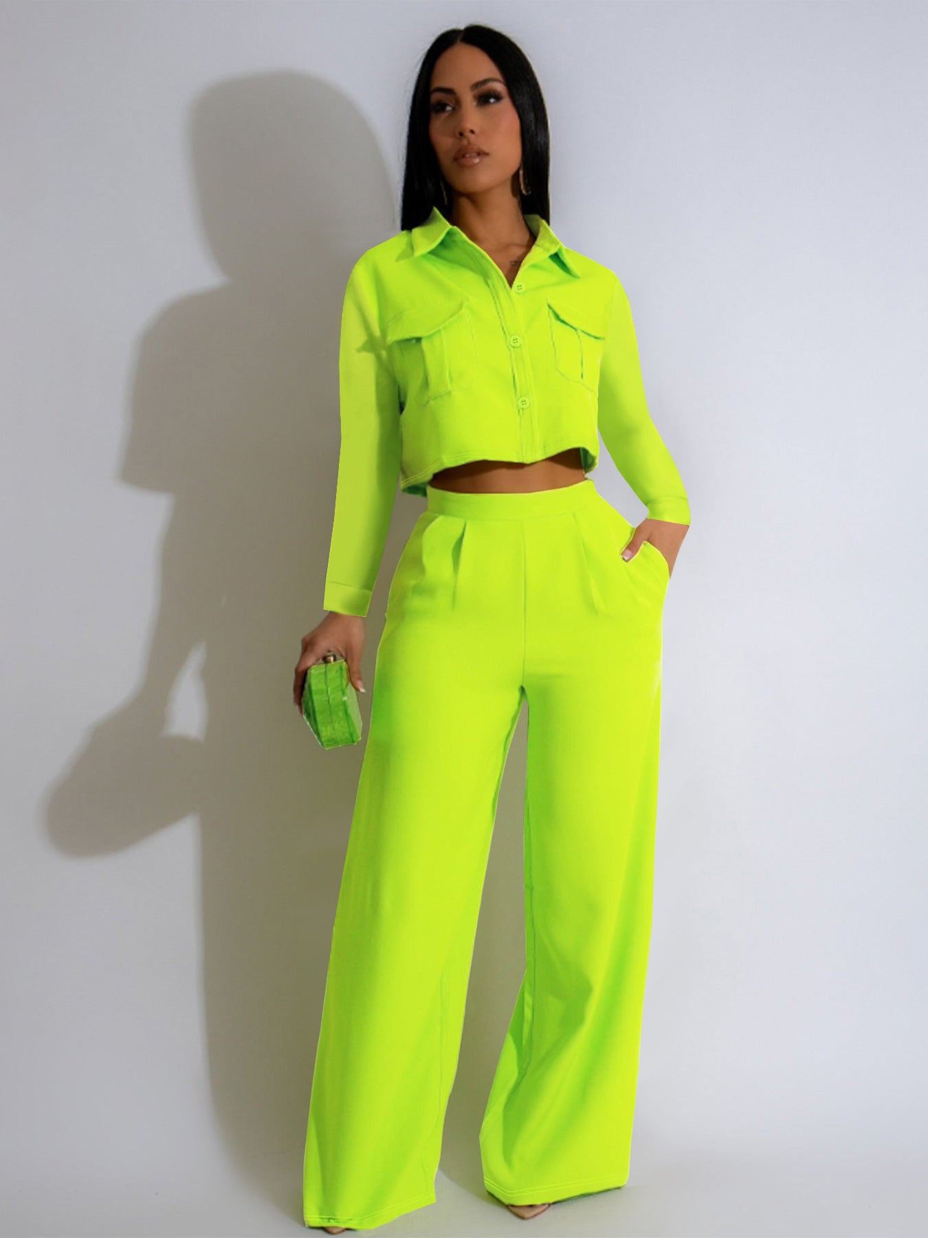 Women Fall Turndown Collar Long Sleeve Top and wide-leg pants Two Piece Set 5