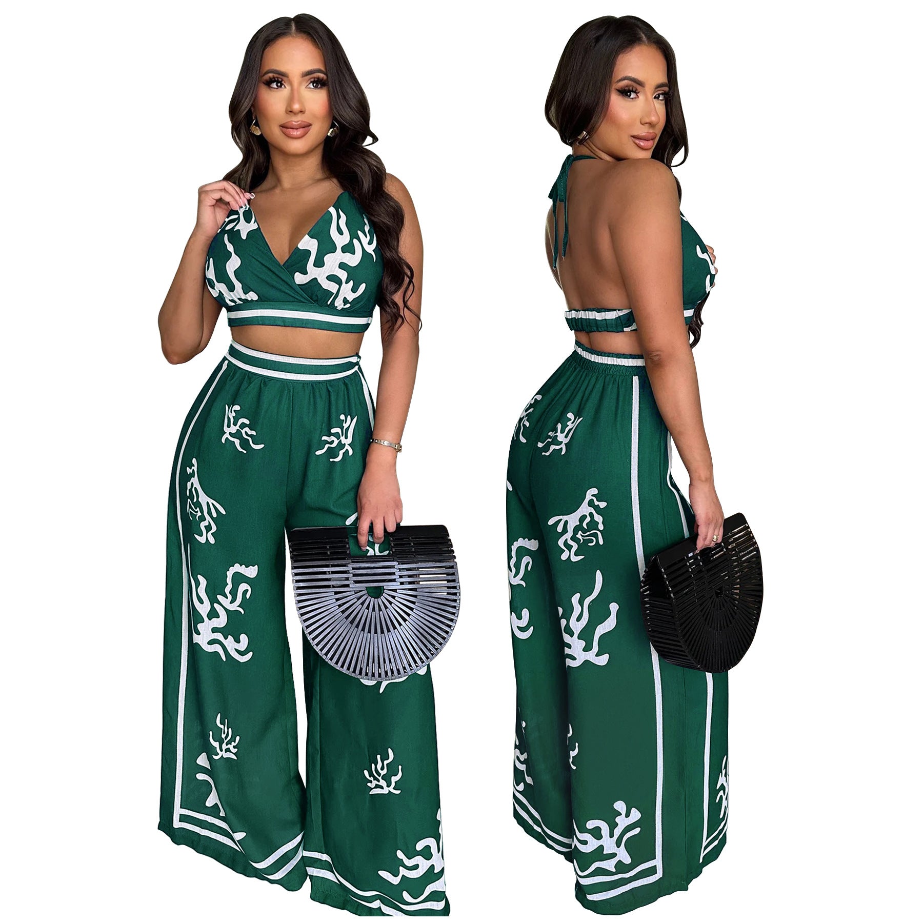 Summer Sexy Print Halter V Neck Vest Wide Leg Pants Two Piece Set 3