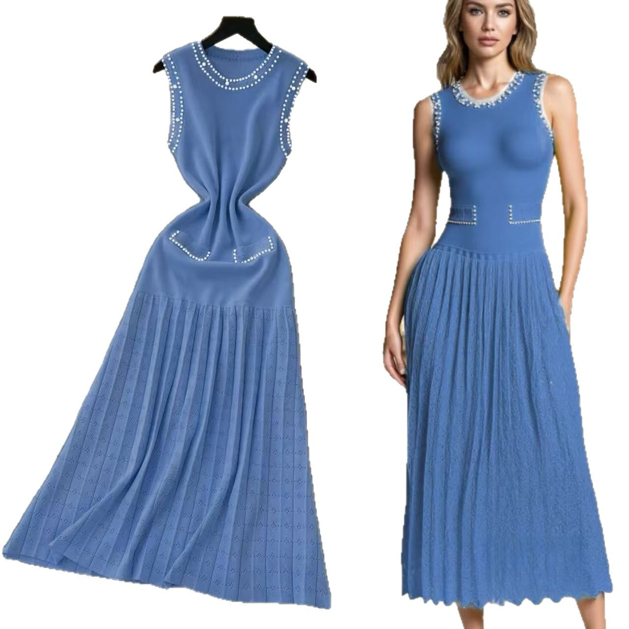 Women's Summer Beaded Sleeveless Knitting Long Dress 9