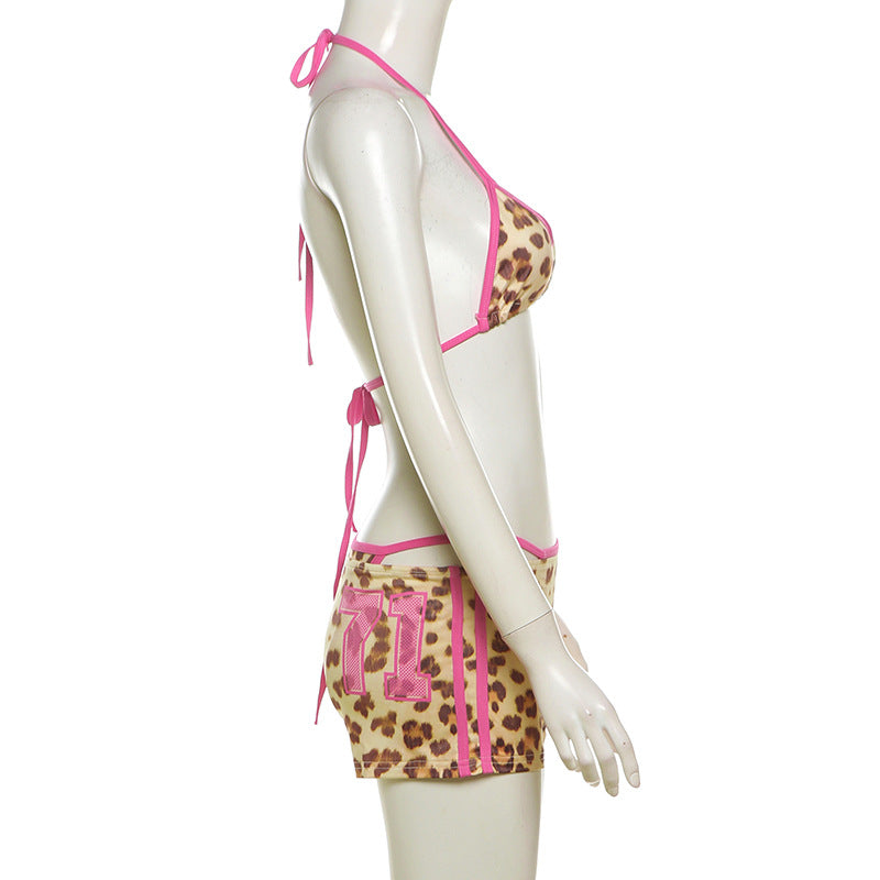 Summer women's contrast strap leopard print bra high waist Bodycon Shorts Set 7