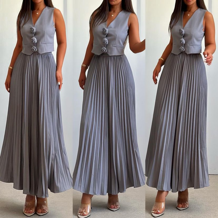 Women's Summer Flower Sleeveless Vest Top Pleated Long Skirt Two-Piece Set 5
