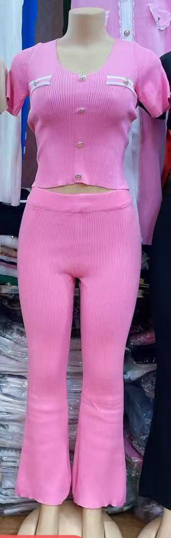 Knitting Women's Summer Outfit Slim Tight Fitting Short Sleeve Long Pants Set 5