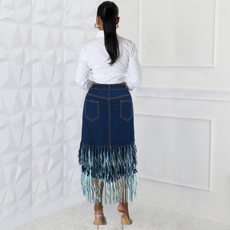 Plus Size Women Patchwork Tassel Skirt 5