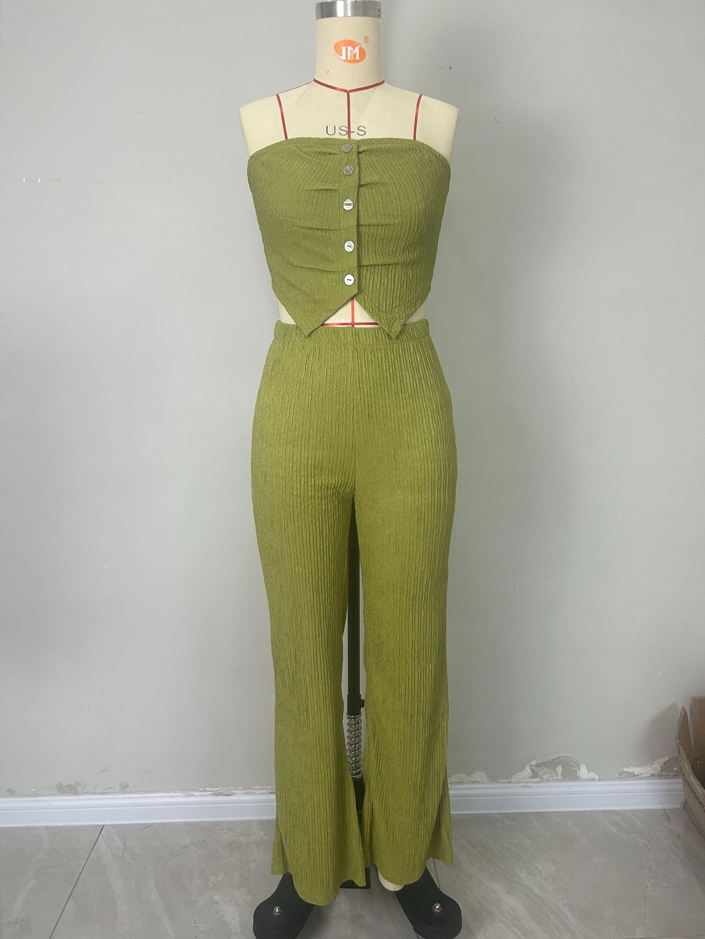 Elastic Button Strapless Top Bell Bottom Casual Pants Summer Two-Piece Set Women's Clothing 8