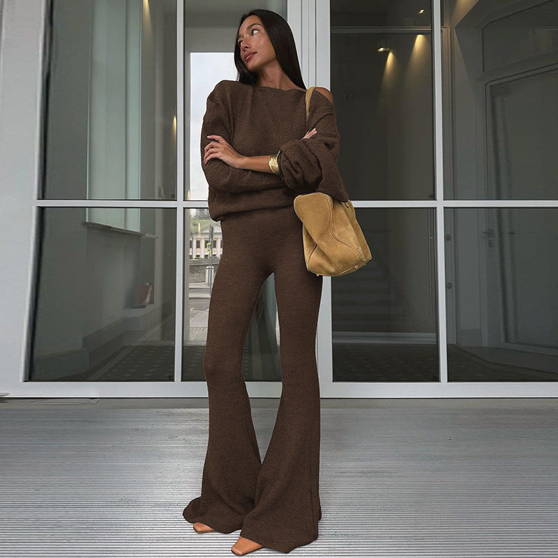 Fashion Women's Autumn Slash Shoulder Long-Sleeved Top High Waist Flared Pants Fashion Casual Set 3