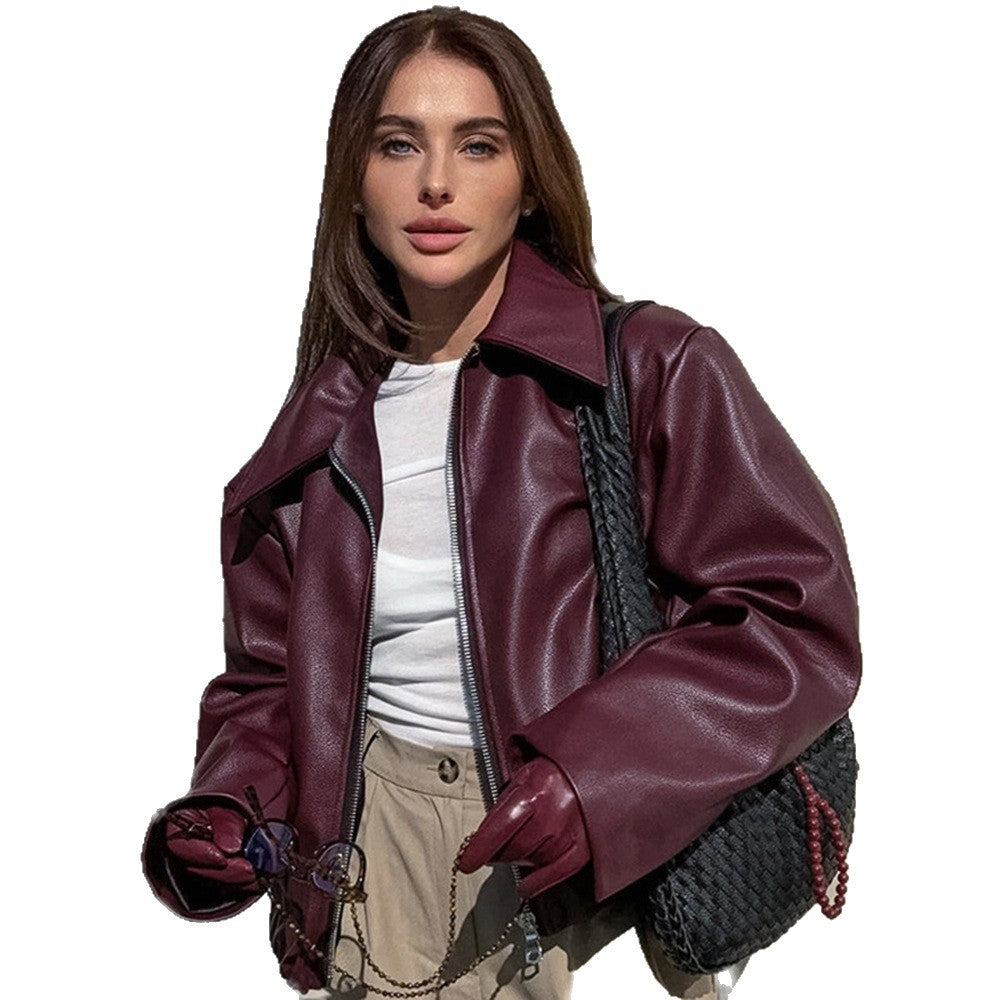 Women Fall/Winter Zippered Pu-Leather Jacket 7