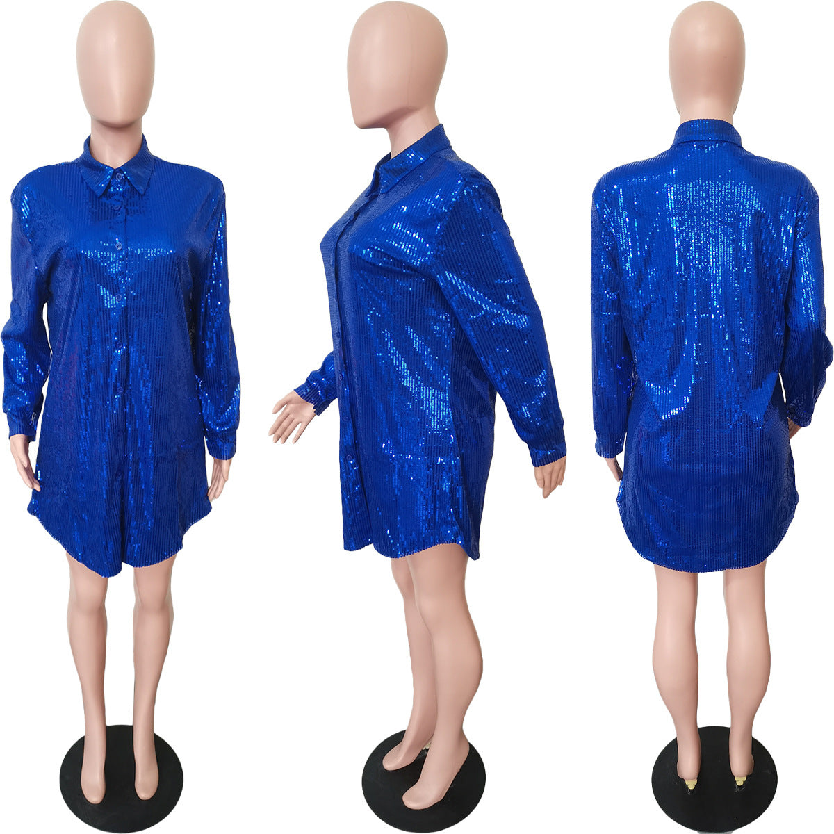 Women Solid Sequin Loose Shirt Dress 37