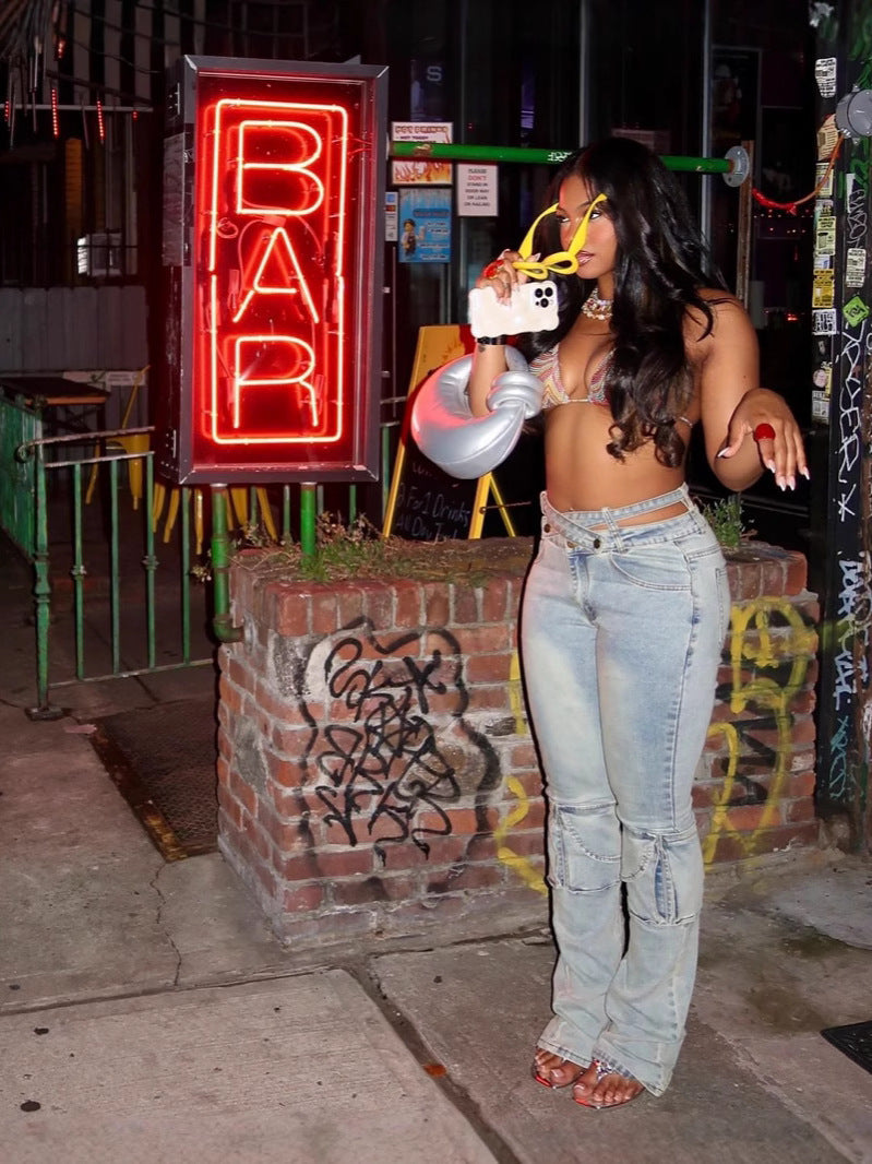 Women Fashion Double Waist Cargo Denim Trousers