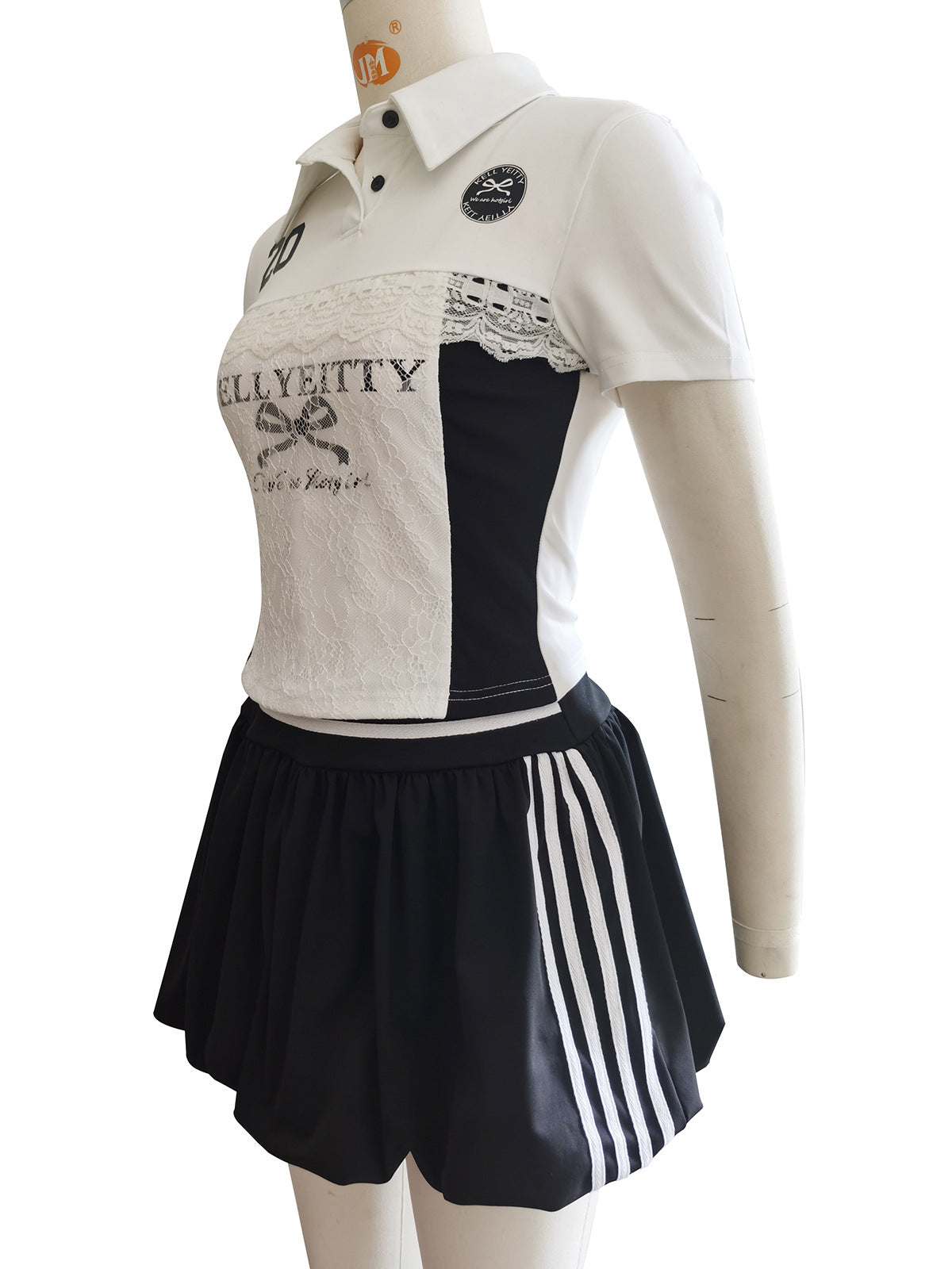 Women Lace Letter Print Button Casual Top and Skirt Two Piece Set 12