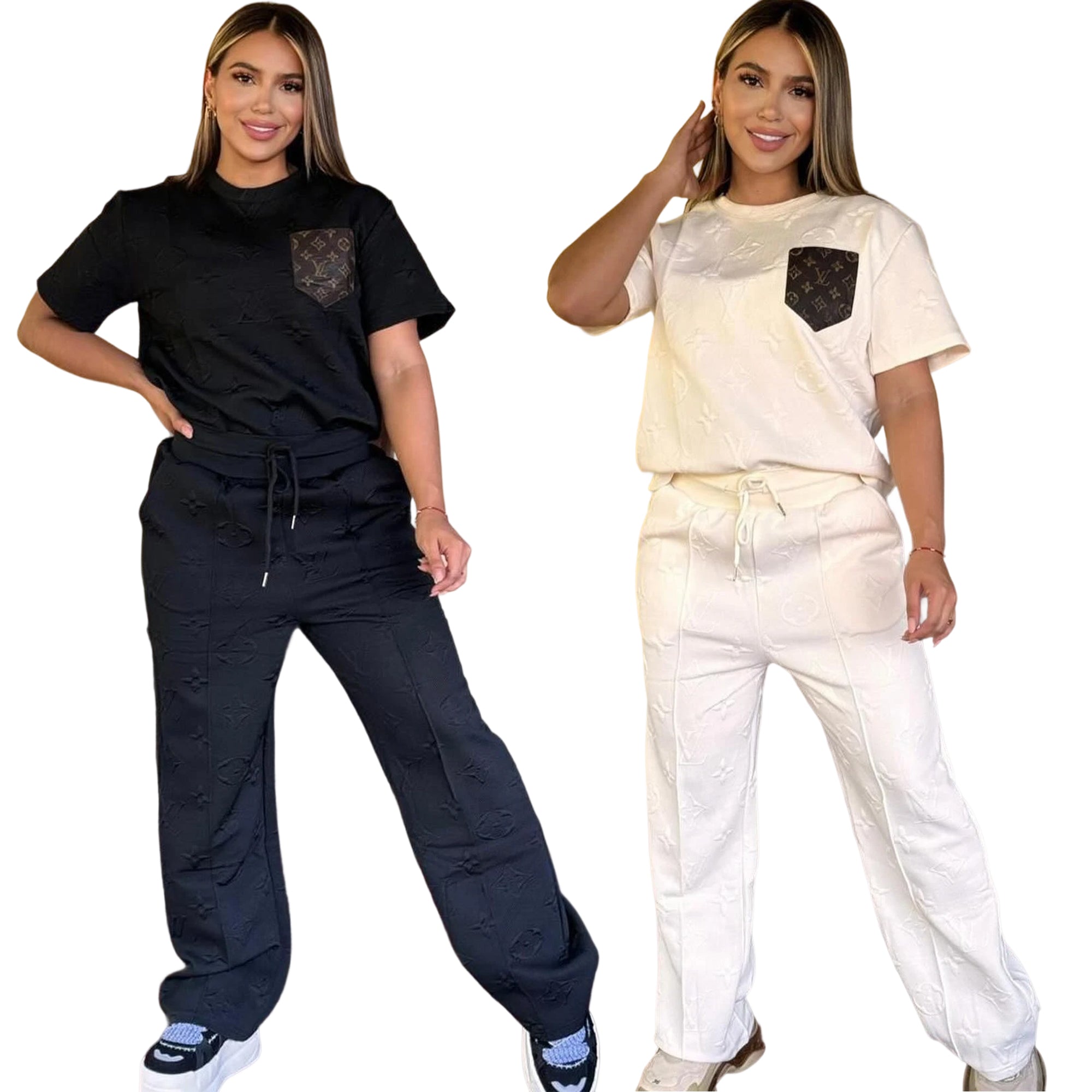 Women casual Pu-Leather pocket short-sleeved top and long pants jacquard two-piece set 20
