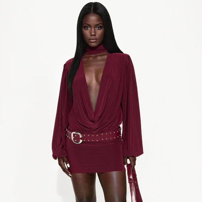 Women Fall Solid Casual V-Neck Long-Sleeved Top and Mini Skirt Two-Piece Set 23