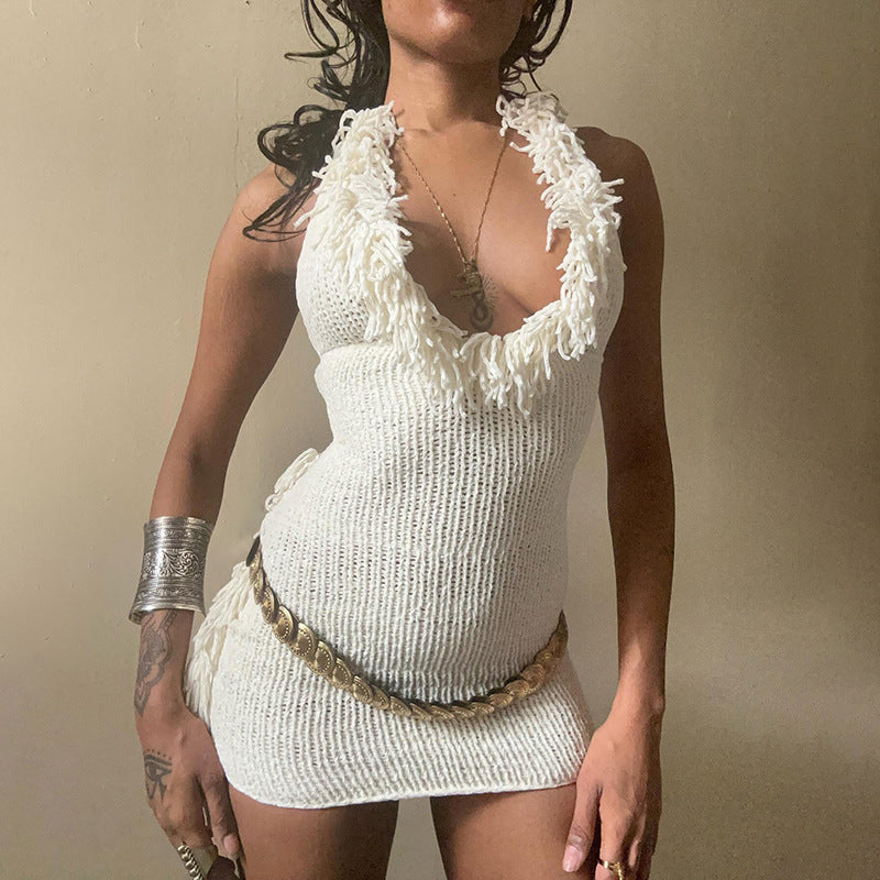 Women's Autumn Winter Tassel Deep V-Neck Halter Neck Lace-Up Low Back Bodycon Knitting Dress 3