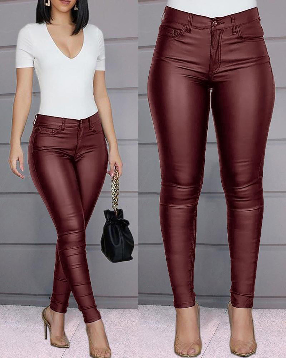 Autumn And Winter Solid Color Pu Leather Casual Sexy Tight Pants Women's Trousers 4