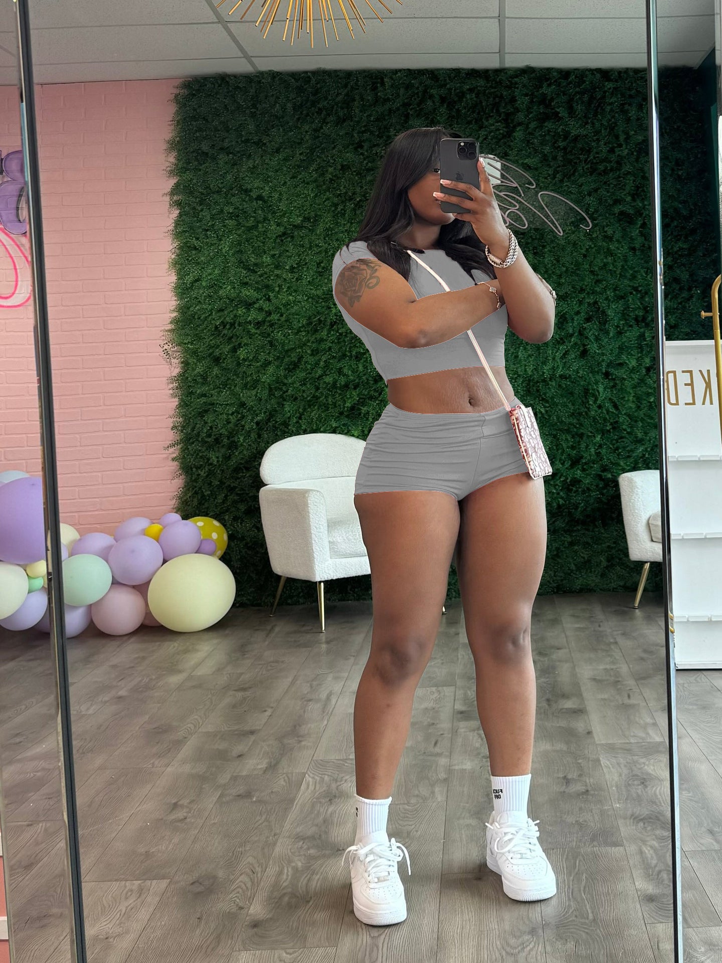 Summer Women's Solid Color Sport Tight Fitting Crop Top Shorts Two Piece Set 10