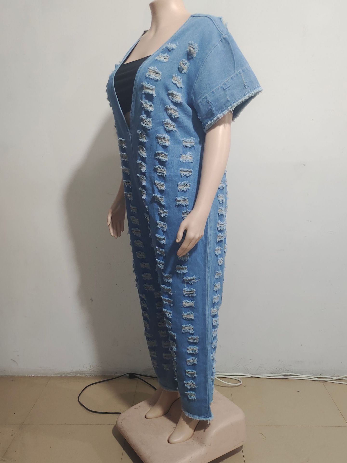 Women V Neck Ripped Loose Denim Jumpsuit Women Wide Leg 7