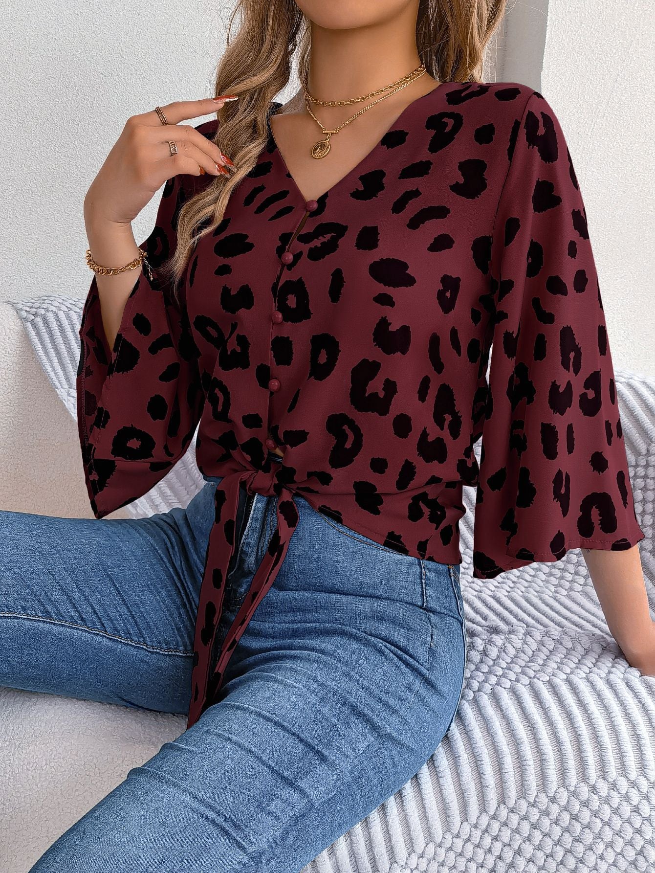 Women Casual Leopard Print Lace Up Chiffon Top 7