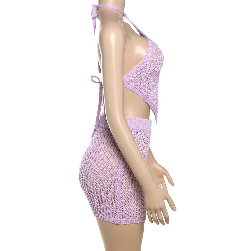 Women Spring Sexy Backless Knitting Lace-Up Top Solid Bodycon Skirt Two Piece Set 8