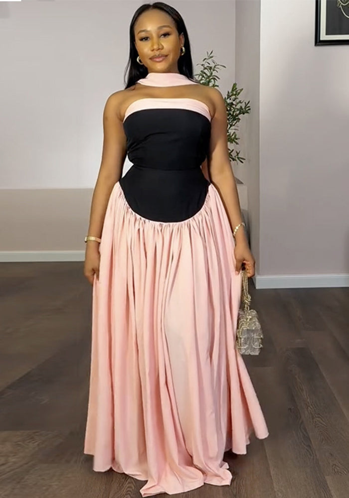 Women Summer Strapless Color Block Pleated Dress