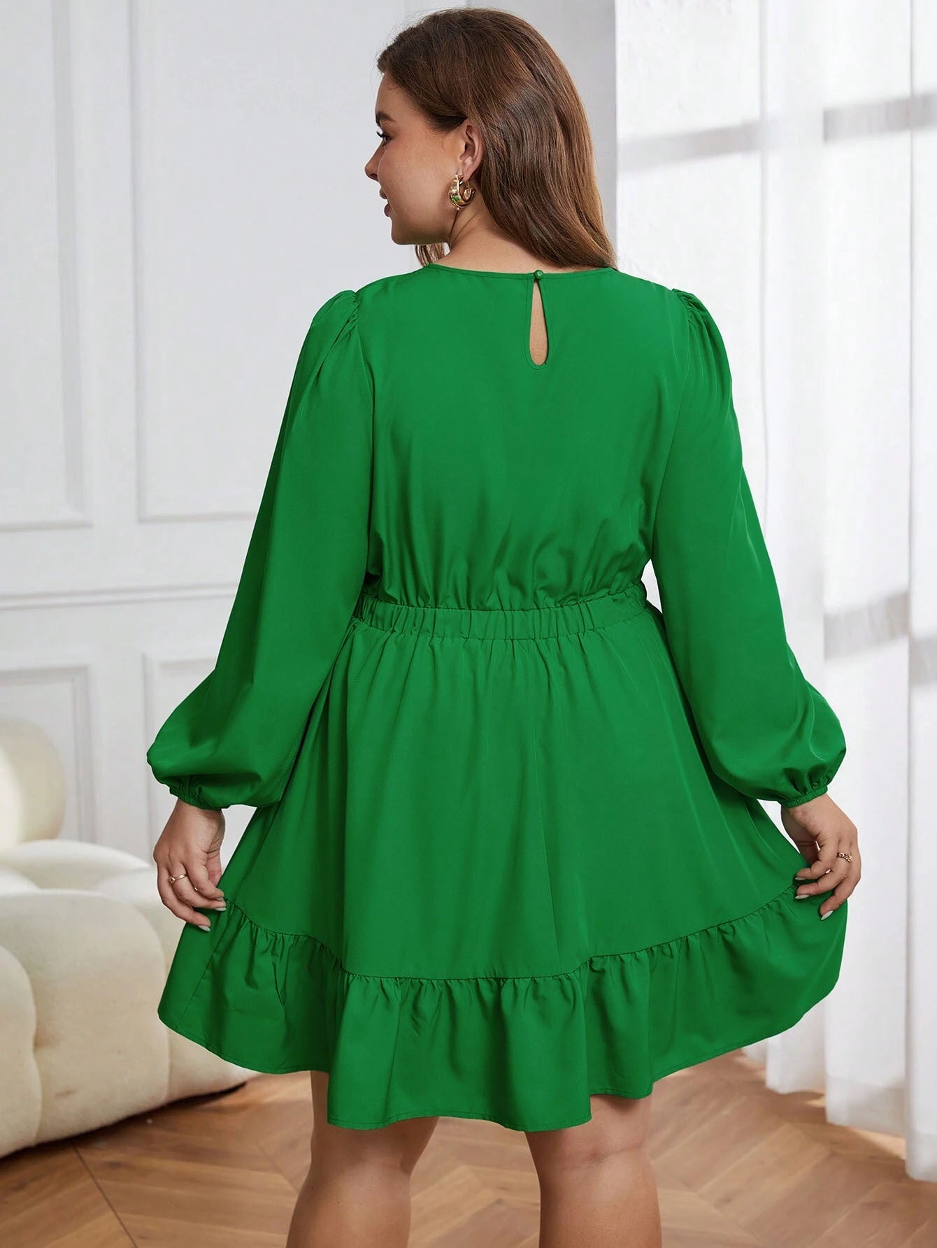 Plus Size Women Autumn and Winter Ruffle Round Neck Long Sleeve Dress