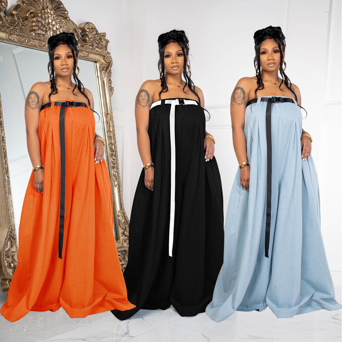 Fashion Long Strapless Wide Leg Pants Summer Jumpsuit With Belt 4