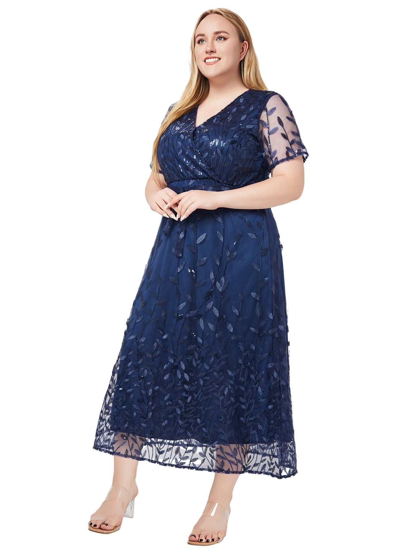 Plus Size Women Spring and Summer V Neck Short Sleeve Sequin Dress 5