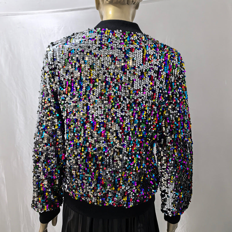 Women's Tops Fashion Color Block Sequin Style Short Zipper Jacket Coat 15