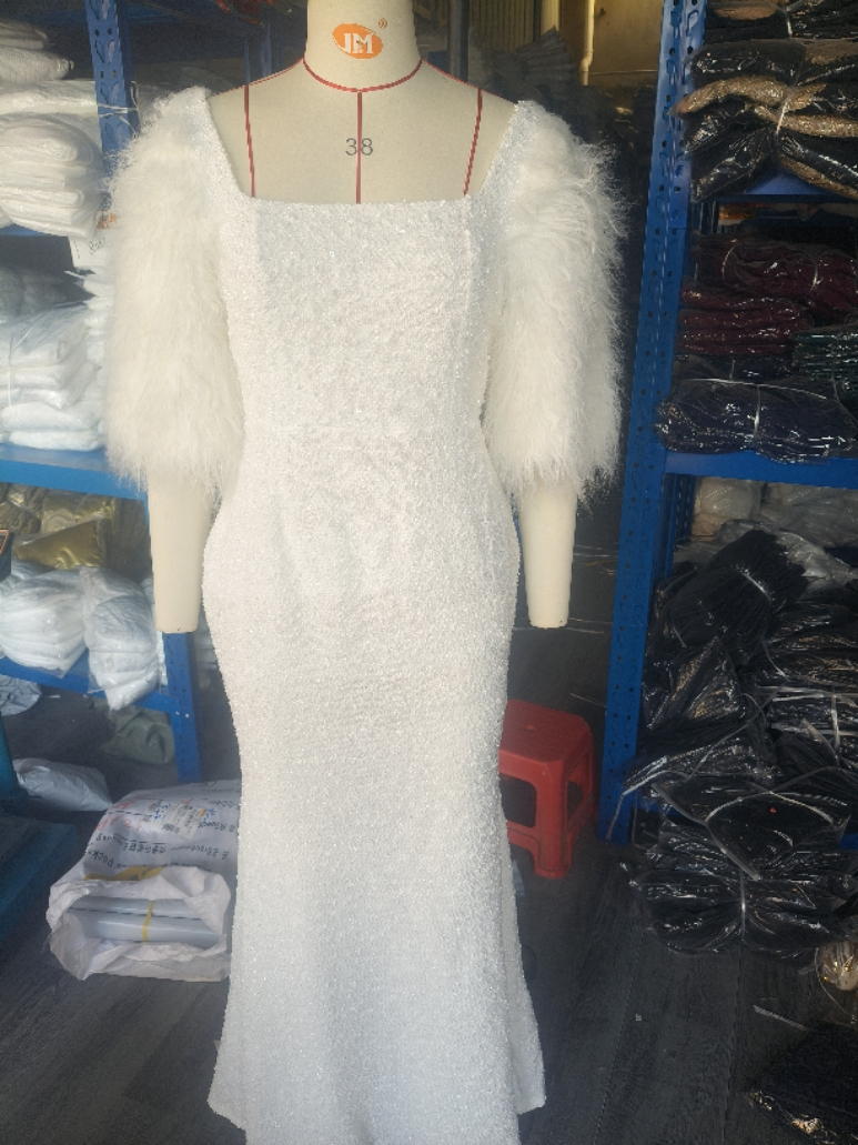 Women U-Neck Sequin Feather Sleeve Evening Dress 7