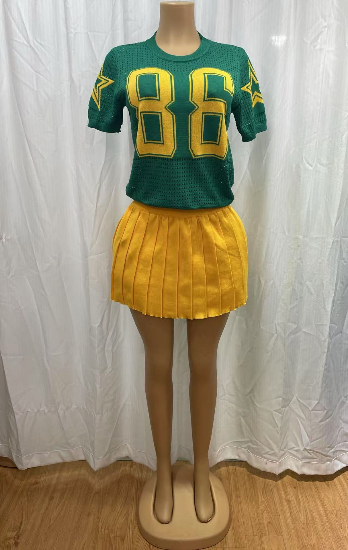 Women’s Casual Summer Knit Short-Sleeve T-shirt Pleated Skirt Two-Piece Set 3