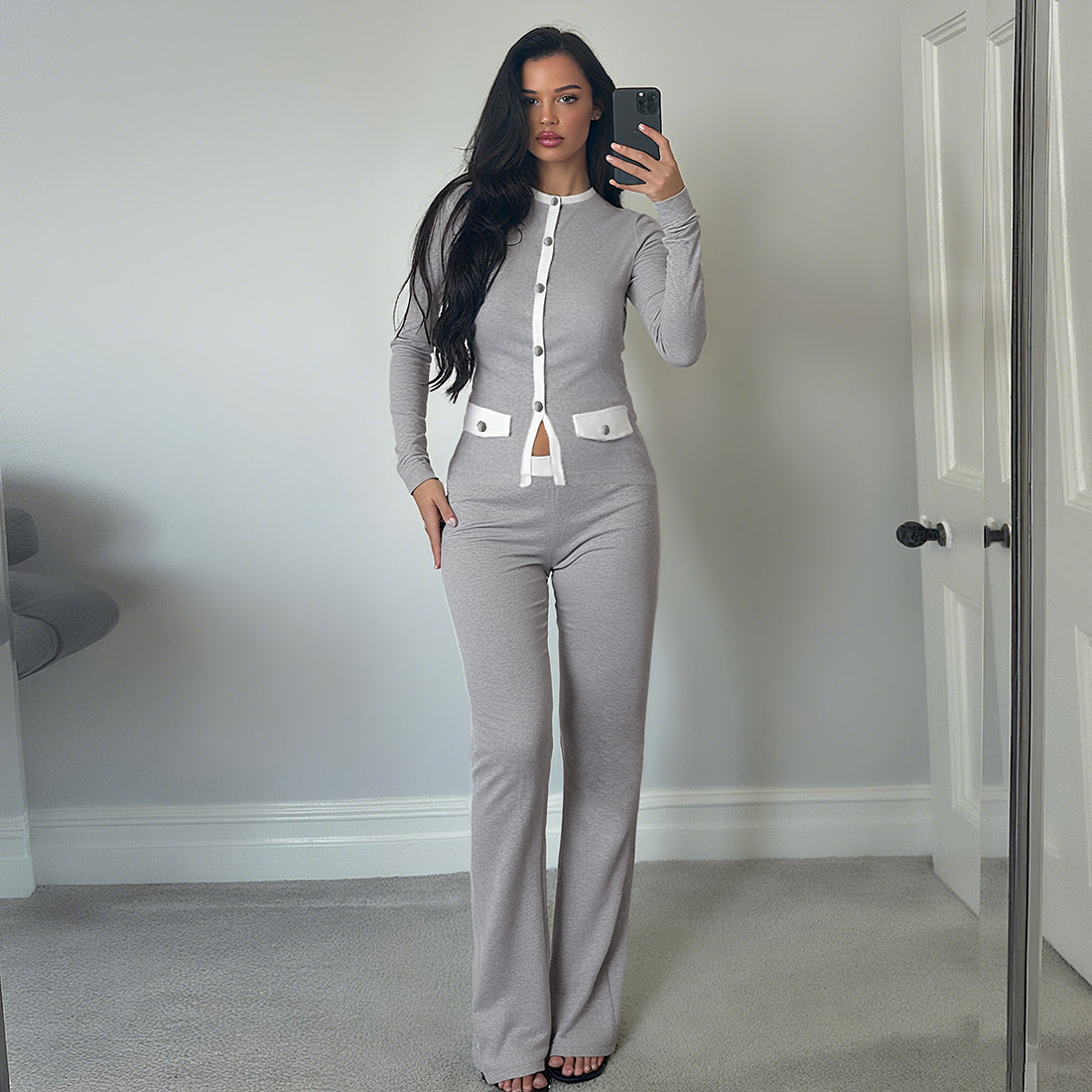 Women's Autumn Style Round Neck Button Contrast Color Long Sleeve Top & High-Waist Slim Fit Pants Set 3