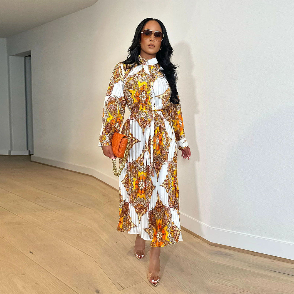 Women Autumn Printed Long Sleeve Pleated Dress