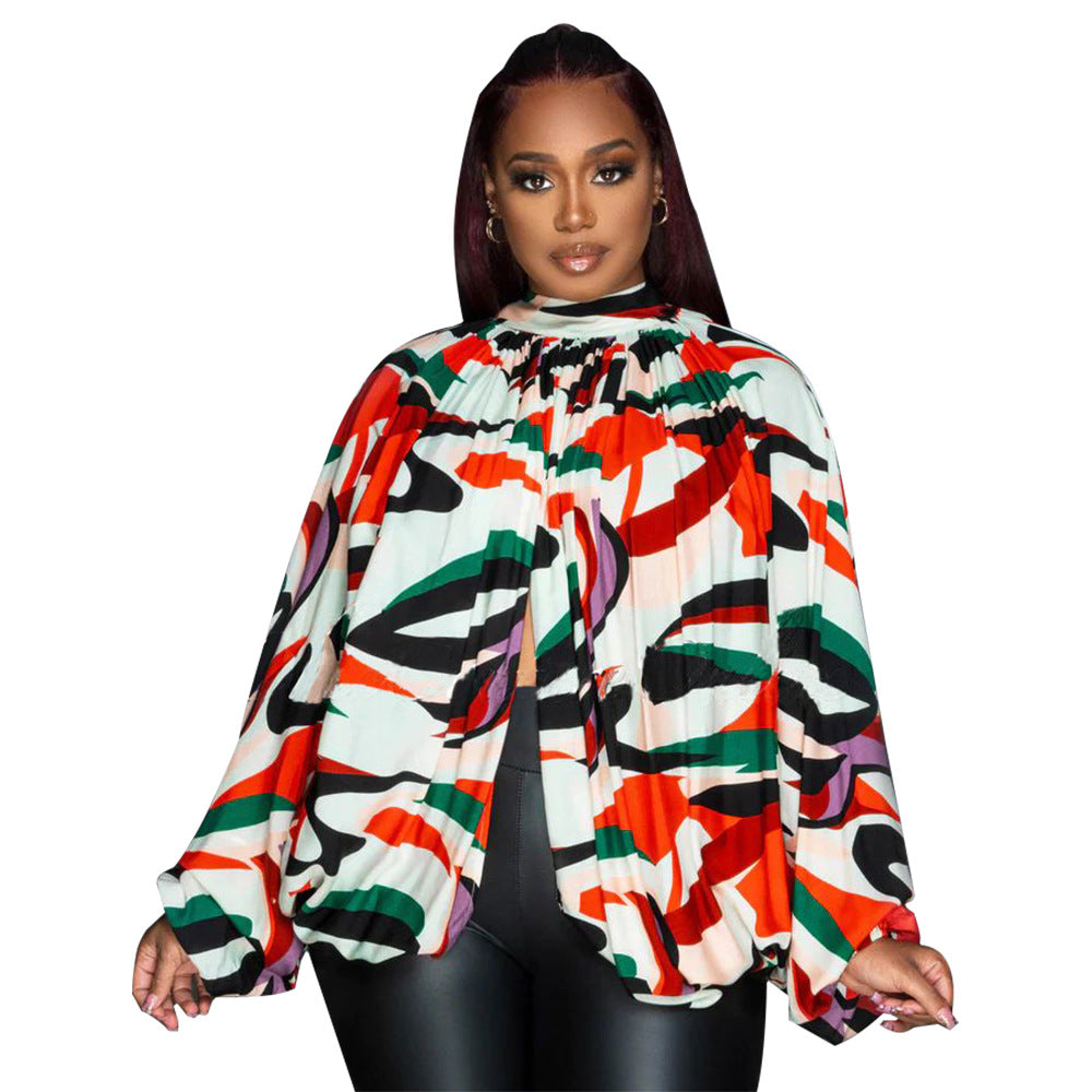 Women's Summer Lace-Up Printed Chiffon Shirt Bat Sleeves Top 19