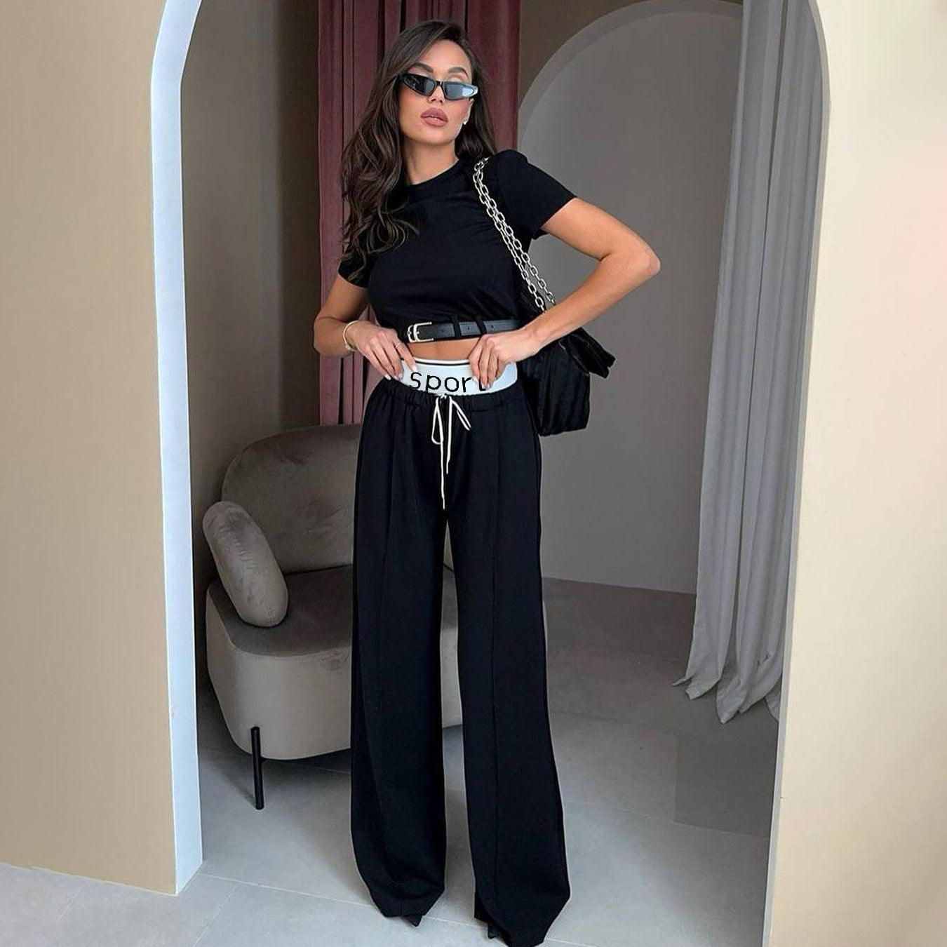 Fashion Short-Sleeved Women's Spring Crop Belt Decorative Top Wide Waist Sweatpants Two-Piece Set 8