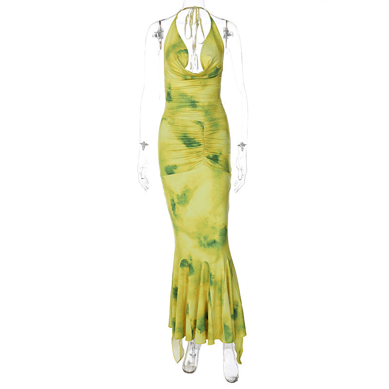 Women's Autumn Chic Style Halter Neck Deep V Print Long Dress 8