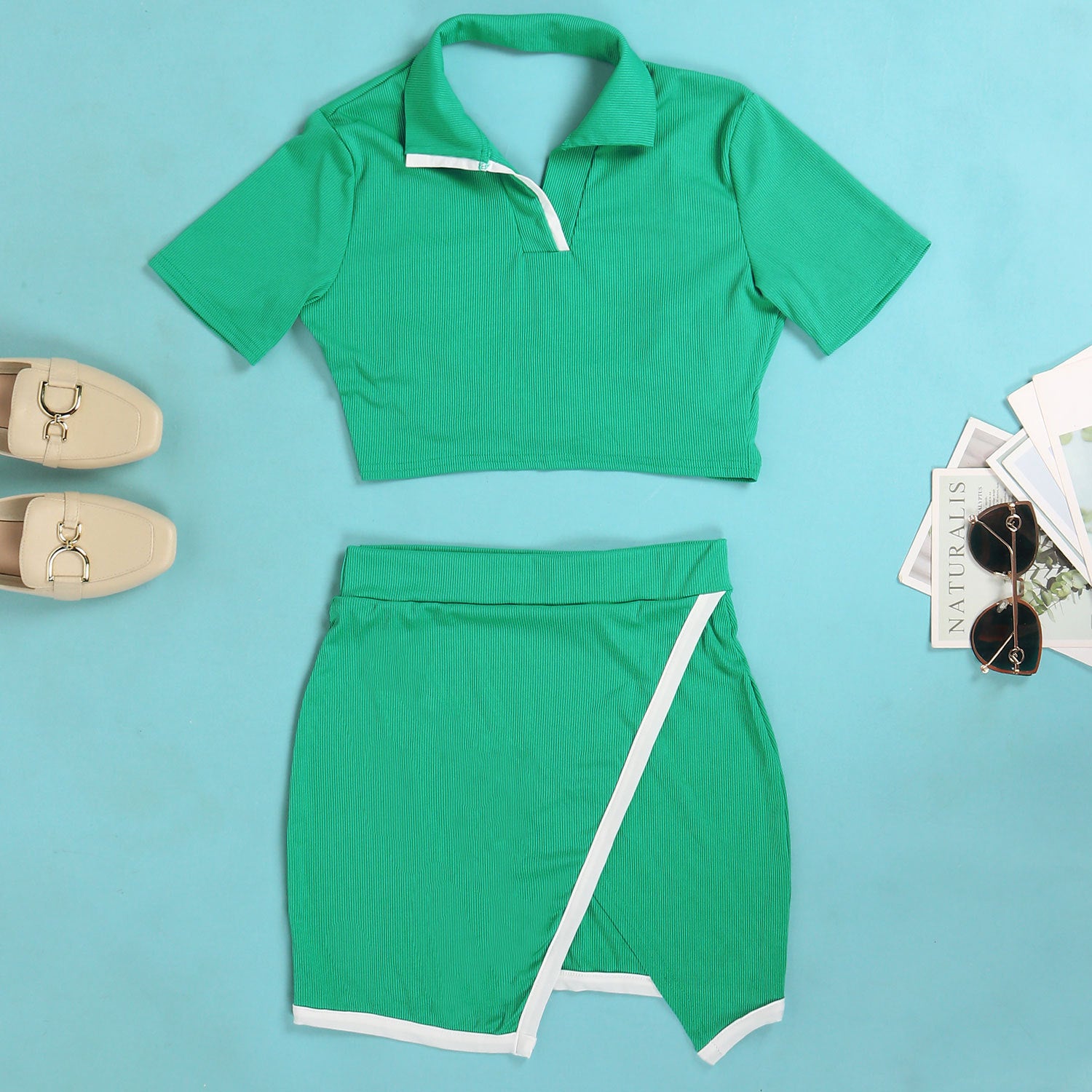 Women Sexy Turndown Collar Short Sleeve Top and Skirt Two-piece Set 37