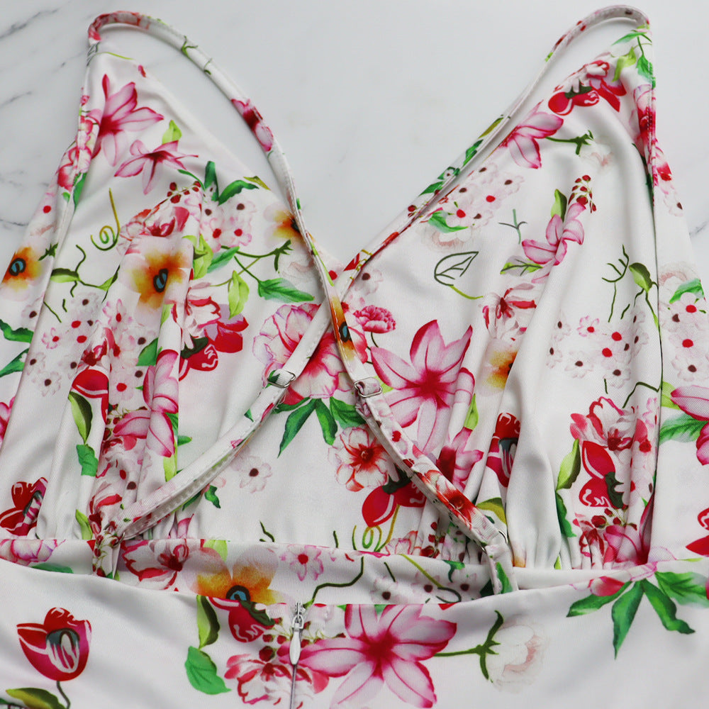 Sleeveless V-neck Low Back Printed Slim Dress Versatile Women's Strap Dress 13