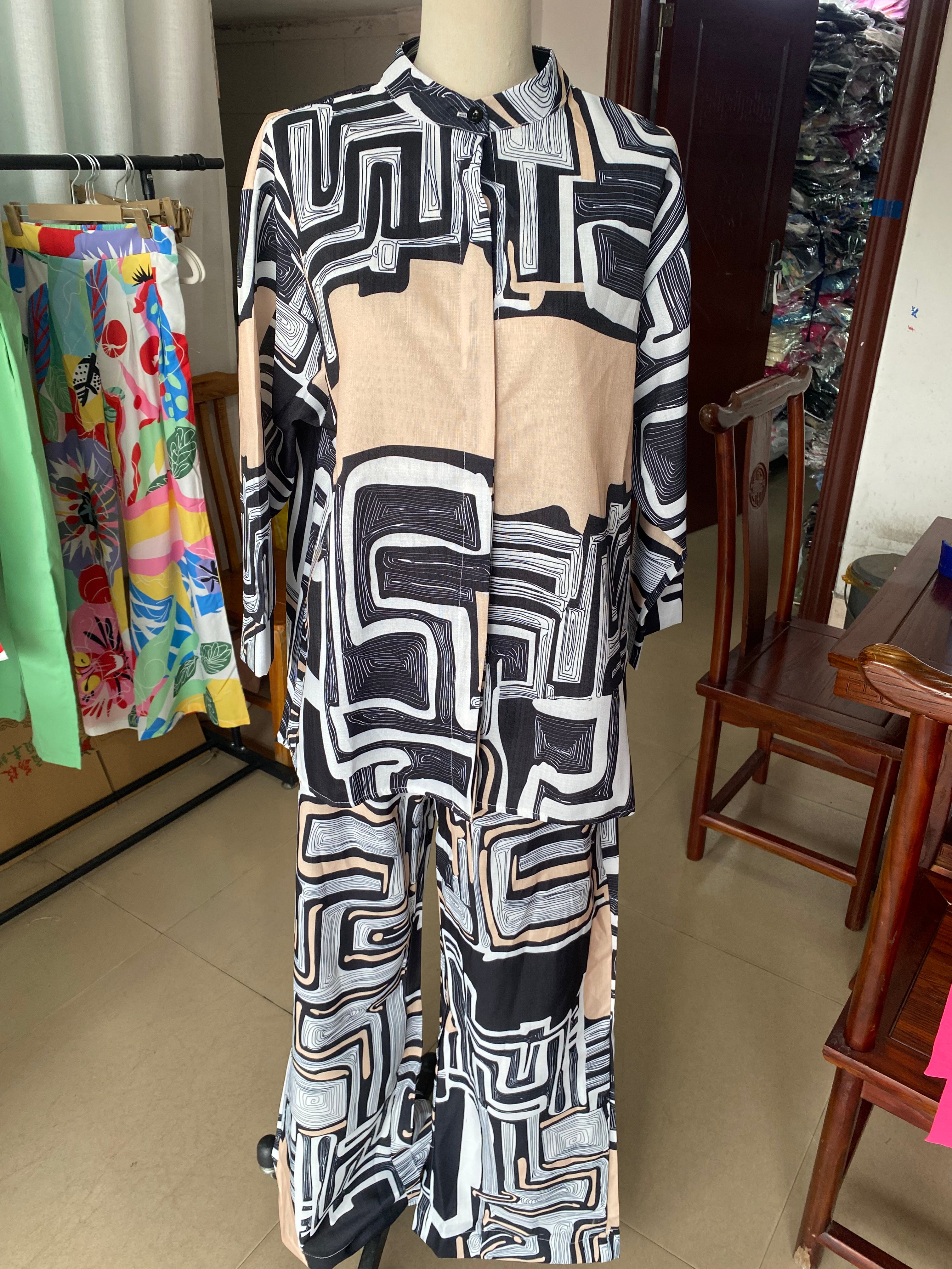 Women's Fashionable Linen Multi-Color Printed Long Sleeve Casual Two-Piece Pants Set 7