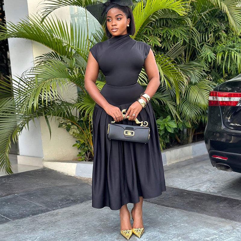 Women's Solid Color Fashion Chic Top Sleeveless Skirt Two Piece Trendy Set