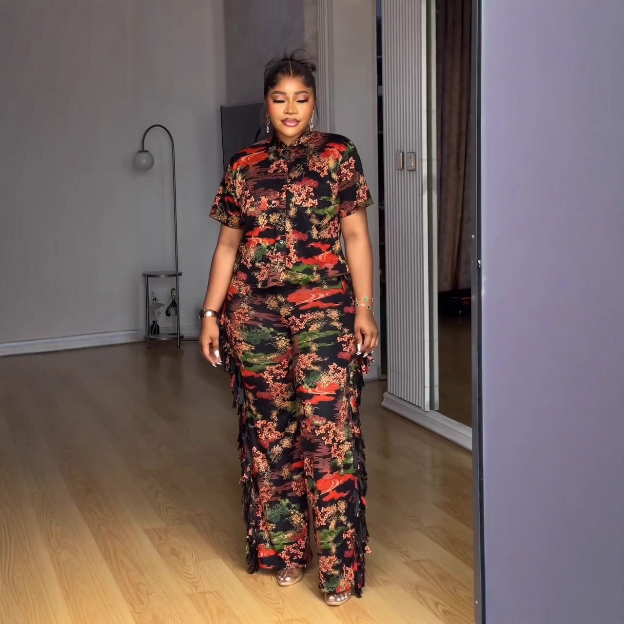 Elegant Career Casual Turn-Down Collar Printed Short-Sleeve Two-Piece Pants Set