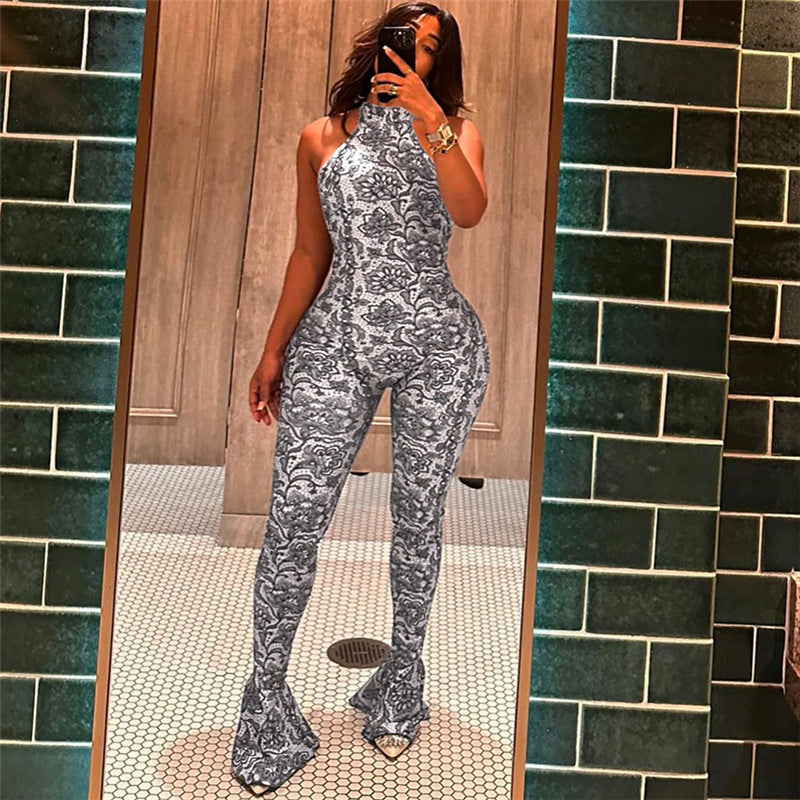 Women Summer Style Printed Sleeveless Backless Jumpsuit