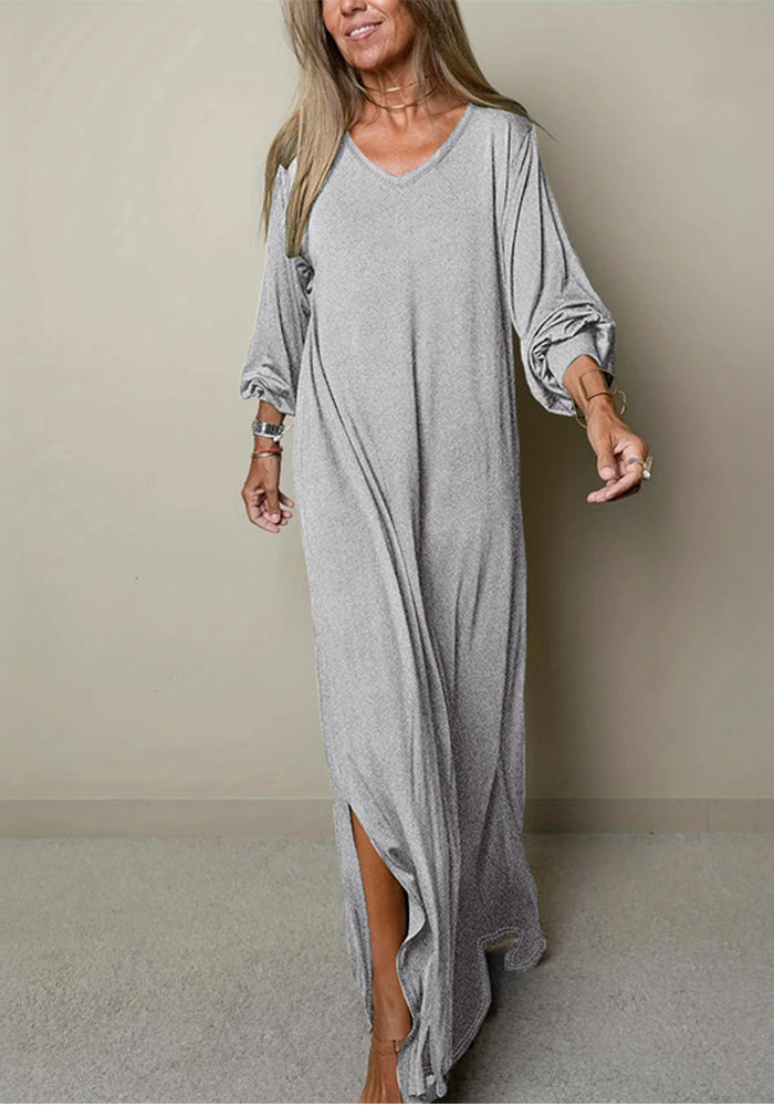 Plus Size Women's Long Sleeve V-Neck Loose Slit Dress