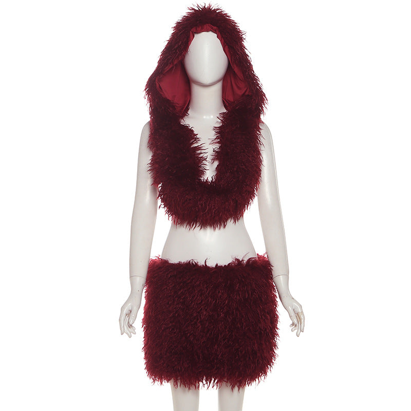 Women Fall Backless Hooded Top and Skirt Two-Piece Set 8