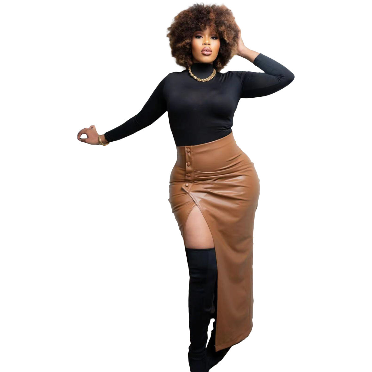 Autumn and winter women's PU high slit irregular skirt 5