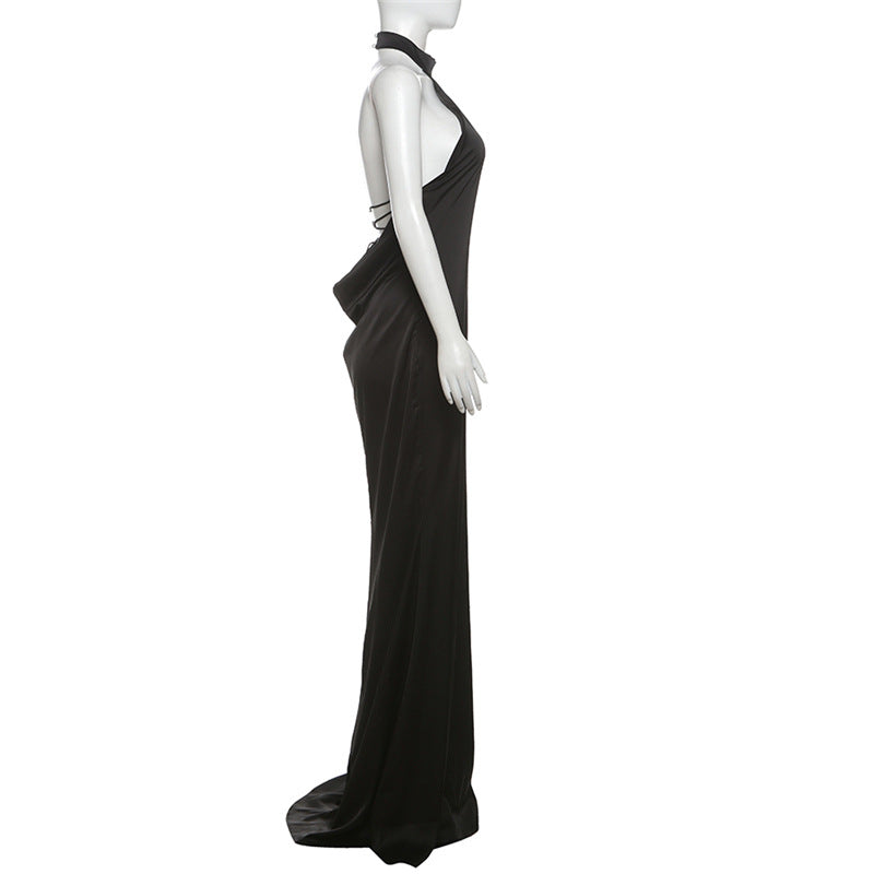 Women Spring Sexy Halter Neck Backless Lace-Up Solid French Evening Dress 7