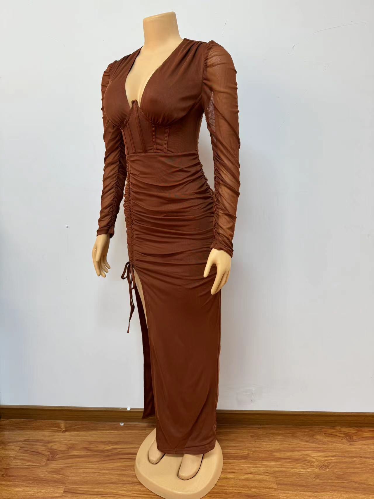 Women V Neck Long Sleeve Bodycon Sexy Slit Dress 5