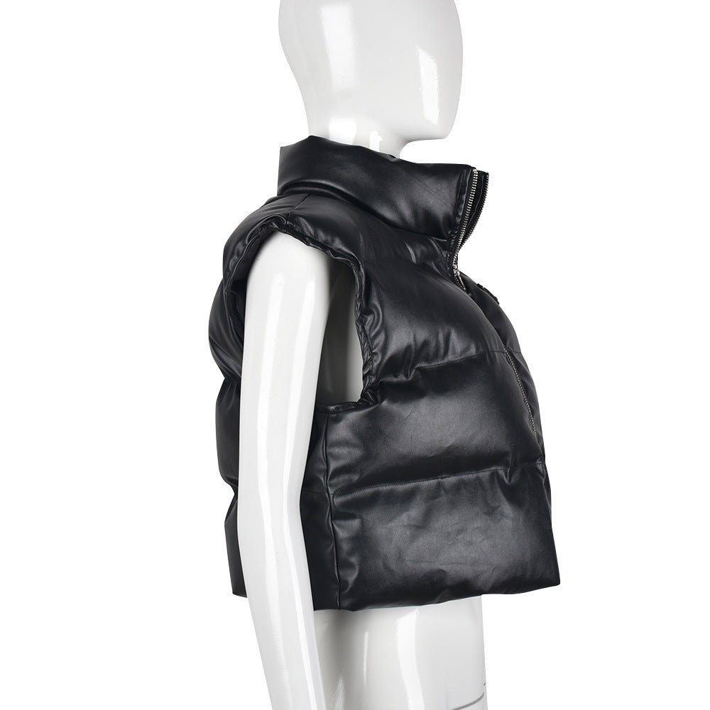 Women Winter Fashion Trend Pu Leather Cotton-Padded Vest 8