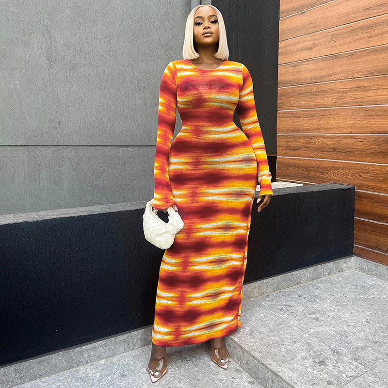 Fashion Casual 3D Printed Long Sleeve Slim Dress 3