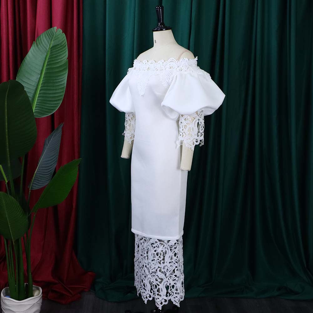 Off Shoulder Off Shoulder Bodycon Lace Patchwork Balloon Sleeve Gown Dress 19