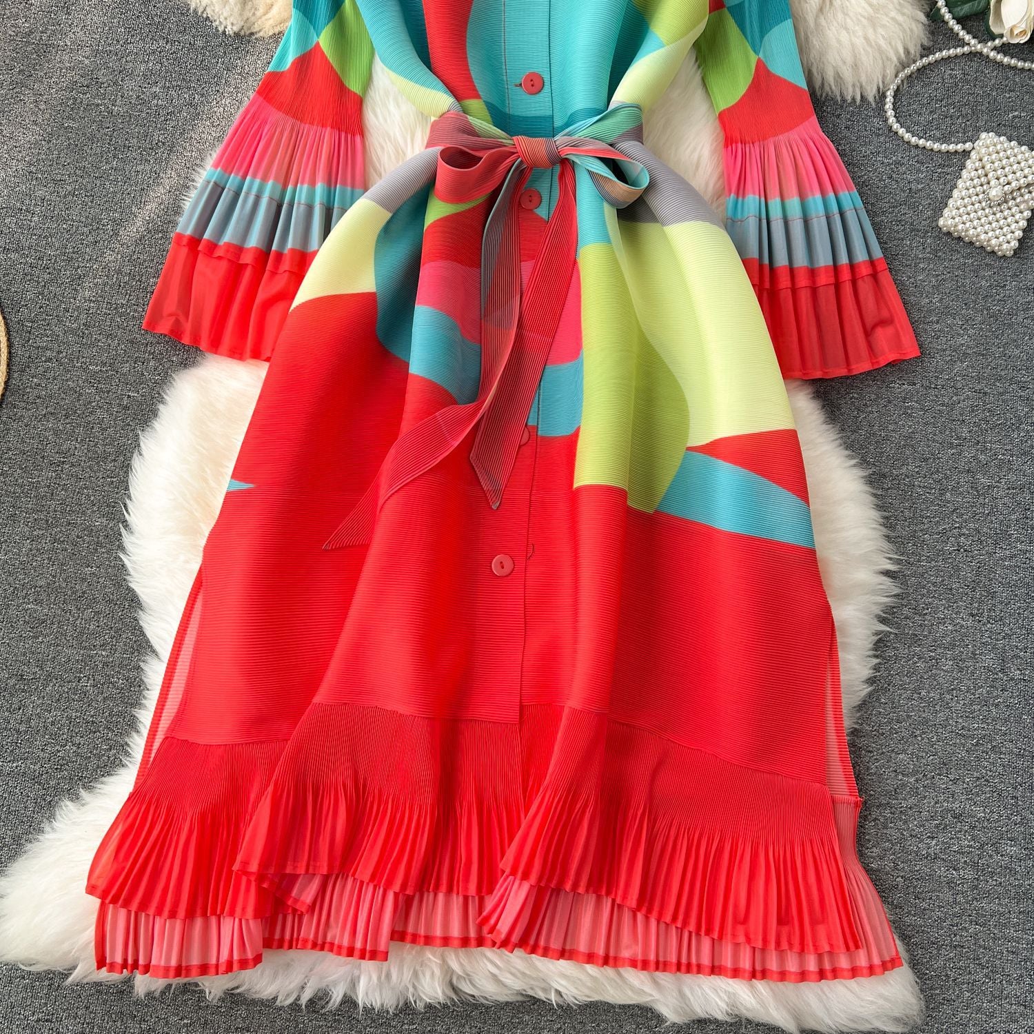 Print Women Summer Loose Slim Fit Casual Pleated Dress 13